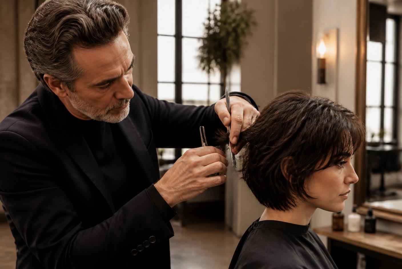 Erfahrener Stylist arbeitet im Salon an einem Haarschnitt